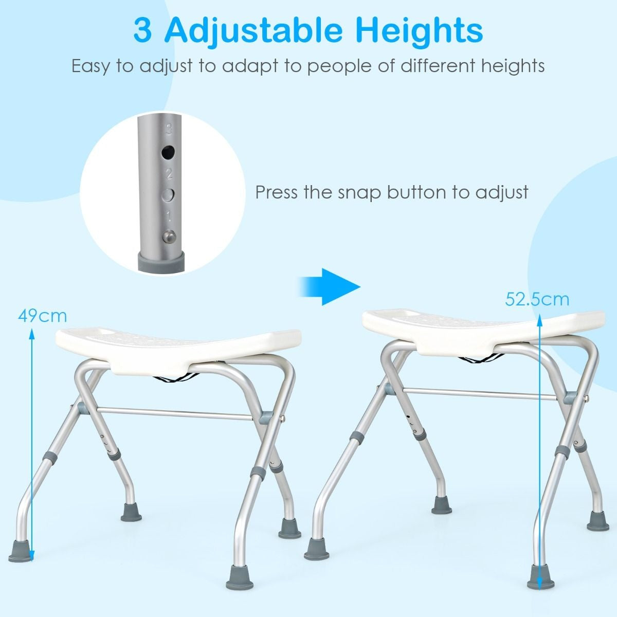 Siège de douche - Coast - Tabouret de douche - réglable en hauteur - Poignées à 3 niveaux -Léger et pliable - Capacité max 150 kg