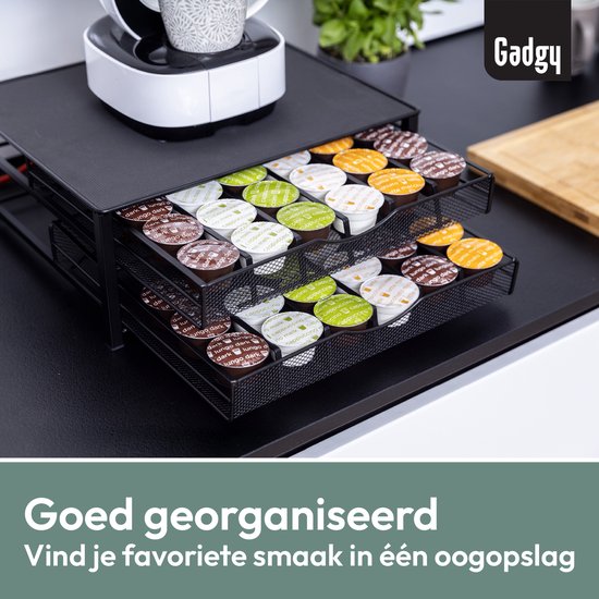 Porte-capsules Gadgy Dolce Gusto à 2 tiroirs - Porte-capsules avec tiroir - Porte-tasses à café pour 72 capsules - Porte-dosettes - Acier inoxydable - Noir - Antidérapant et amortissant les vibrations