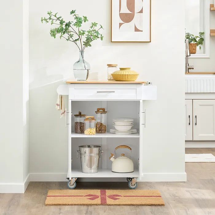 Chariot de cuisine blanc/bambou - 83 x 46 x 91 cm - Avec tiroir et roulettes