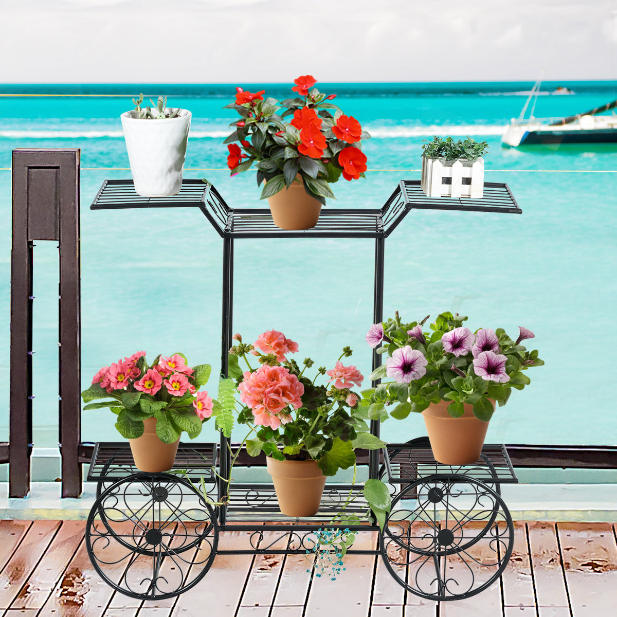 Porte-fleurs décoratif Porte-plantes avec 6 étagères avec chariots à fleurs autoportants pour intérieur et extérieur métal noir 80,5 x 25 x 75