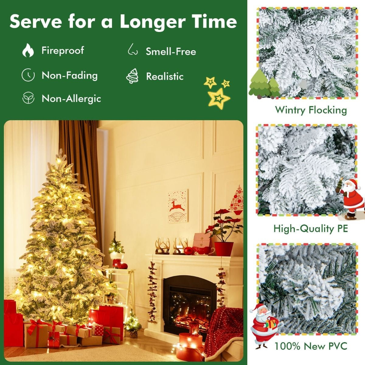 Arbre de Noël artificiel de 180 cm Arbre de Noël floqué avec 1415 branches 260 lumières LED blanc chaud Arbre de Noël illuminé blanc + vert