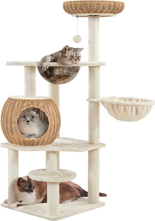 Yaheetech Arbre à chat 137,5 cm - Beige - Arbre à chat au design en rotin, maison pour chat, couchette en acrylique et poteaux en sisal