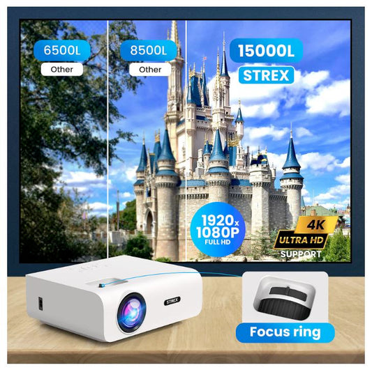 Strex - Mini vidéoprojecteur - 1080P Full HD - 15000 lumens - Streaming sans fil - WiFi - Bluetooth - Blanc
