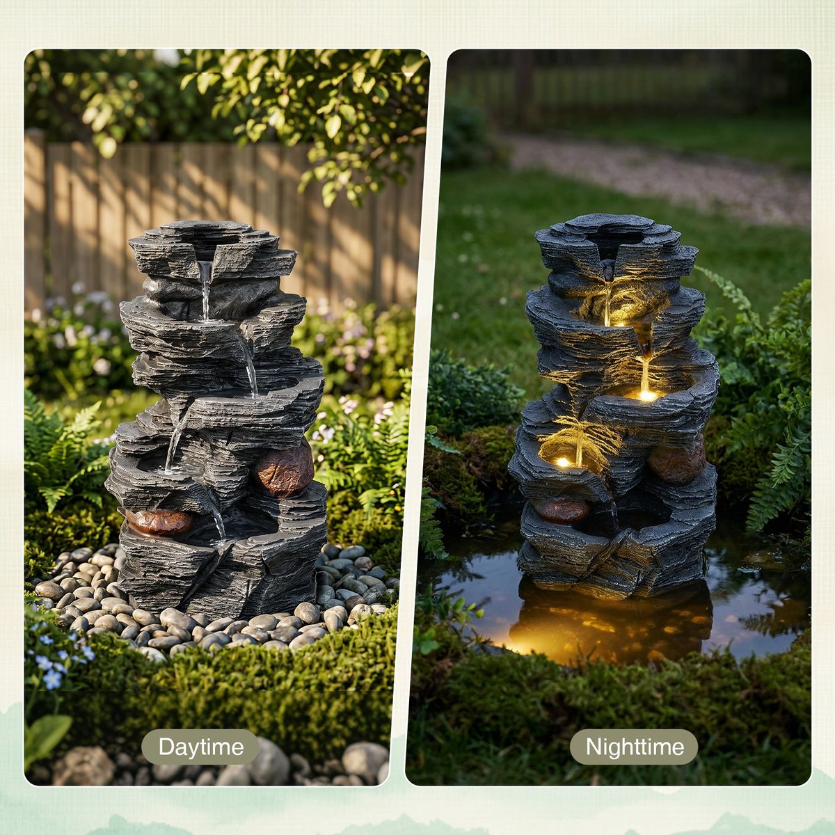 Fontaine de table Coast - cascade à 5 niveaux - éclairage LED - noir - 27 x 20,5 x 45,5 cm