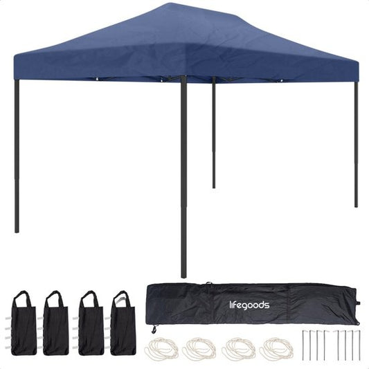 Tente de réception, LifeGoods, 3x4.5 m, Facile à monter, Pliable, Imperméable - Sac de transport à roulettes - Bleu foncé