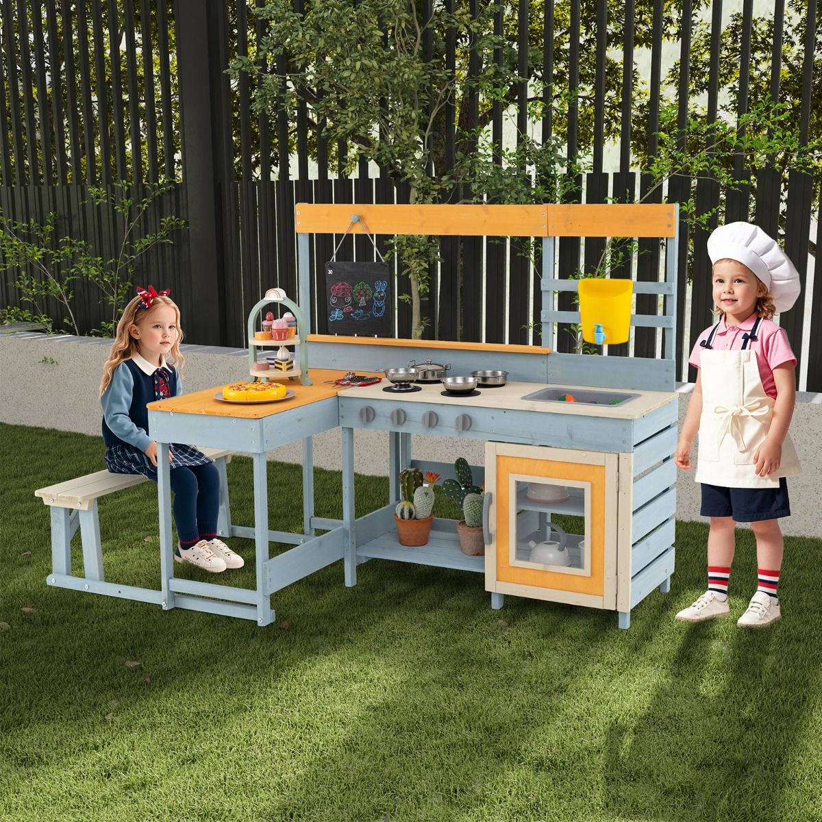 Cuisine jouet Coast pour enfants - Cuisine jouet et coin repas 2-en-1 - avec rangements et accessoires - gris - 150 x 71 x 99 cm