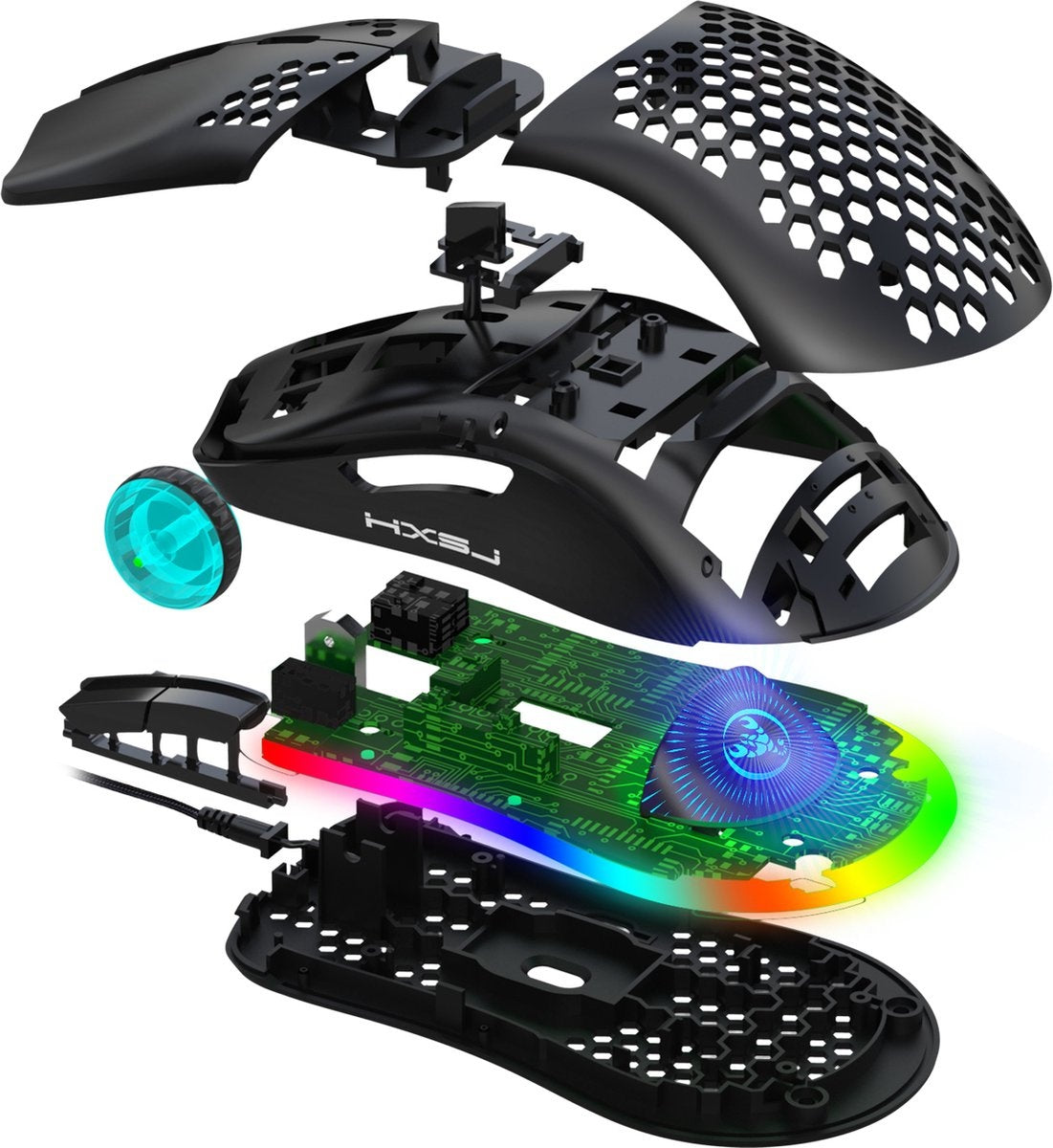 HXSJ J900 Souris de jeu optique - Ultra légère - Illumination RGB - 6400 DPI - Noir