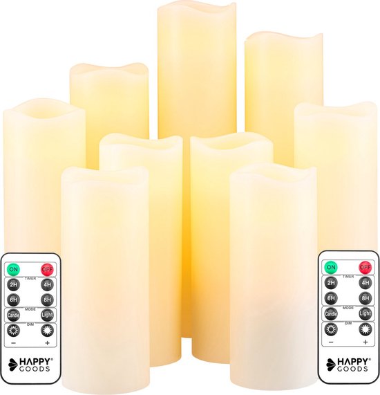 Happy Goods® - Set de bougies Led 9 pièces - VRAIE CIRE - 2 télécommandes - flamme mobile