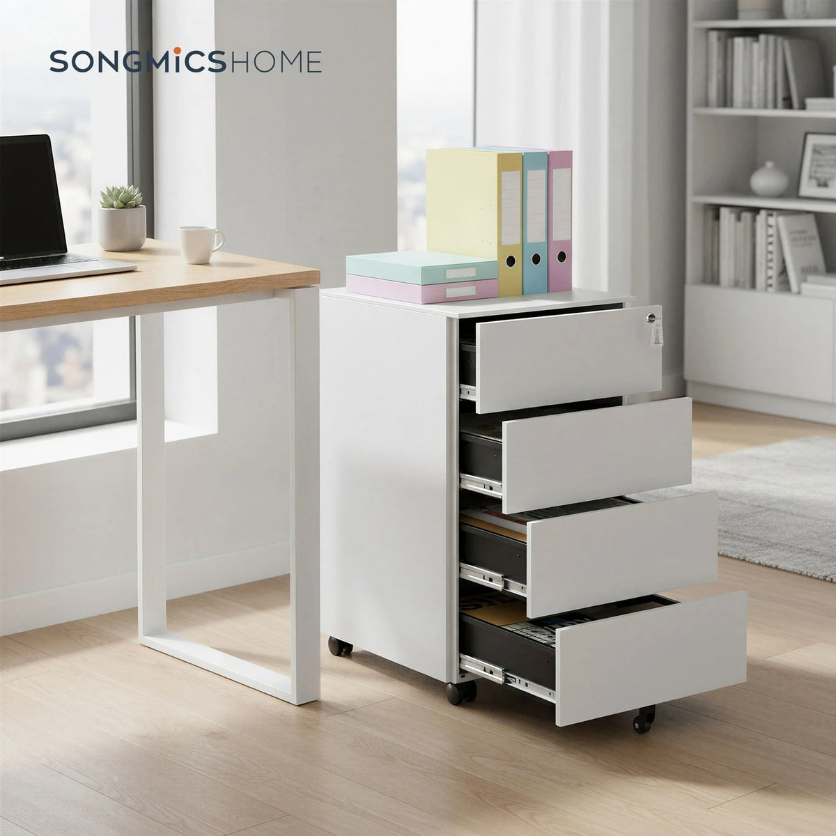 JOYFURNOS Armoire d'archivage mobile blanc nuage, 4 tiroirs, verrouillable, 39 x 45 x 69,3 cm