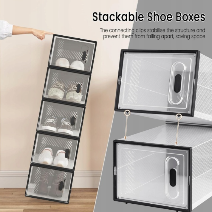 WOLTU Meuble à chaussures transparent noir - Lot de 12 boîtes empilables 35 x 25 x 19 cm