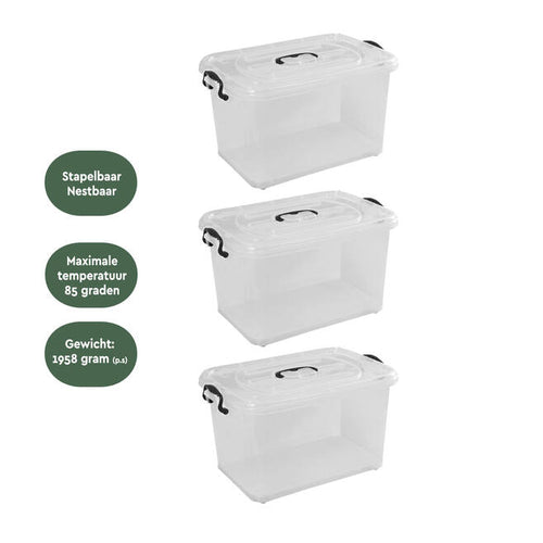 BRASQ Boîte de rangement Lot de 3 - 70 litres - 62,5x45x38,5 cm - Transparente avec poignées et roulettes noires