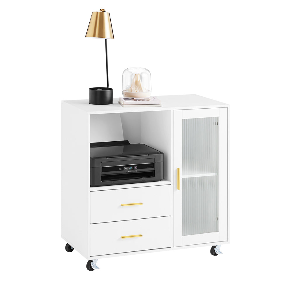 SoBuy ASK09-W meuble de bureau à roulettes avec porte-rouleau pour imprimante - blanc avec accents dorés - 75 x 40 x 76 cm