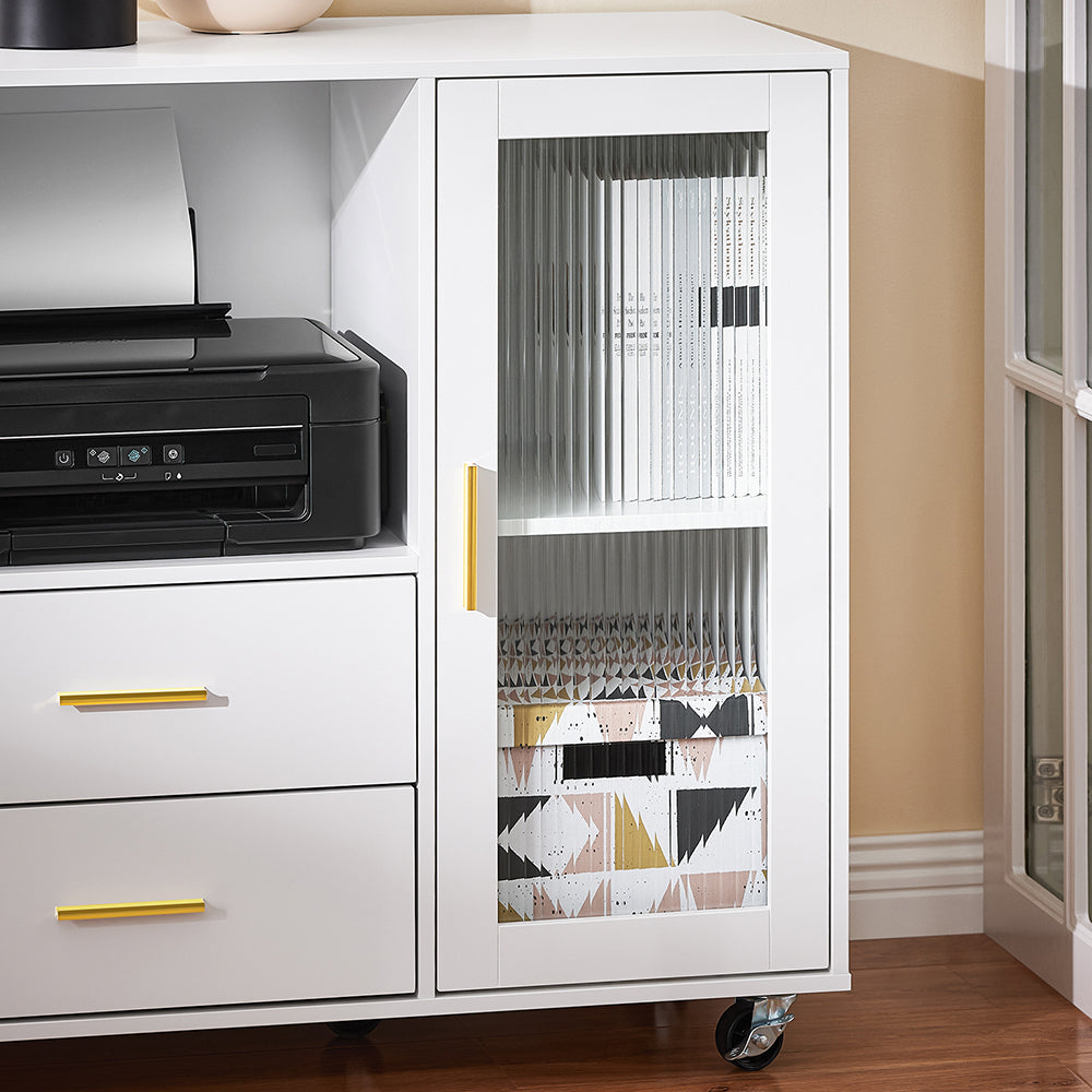 SoBuy ASK09-W meuble de bureau à roulettes avec porte-rouleau pour imprimante - blanc avec accents dorés - 75 x 40 x 76 cm