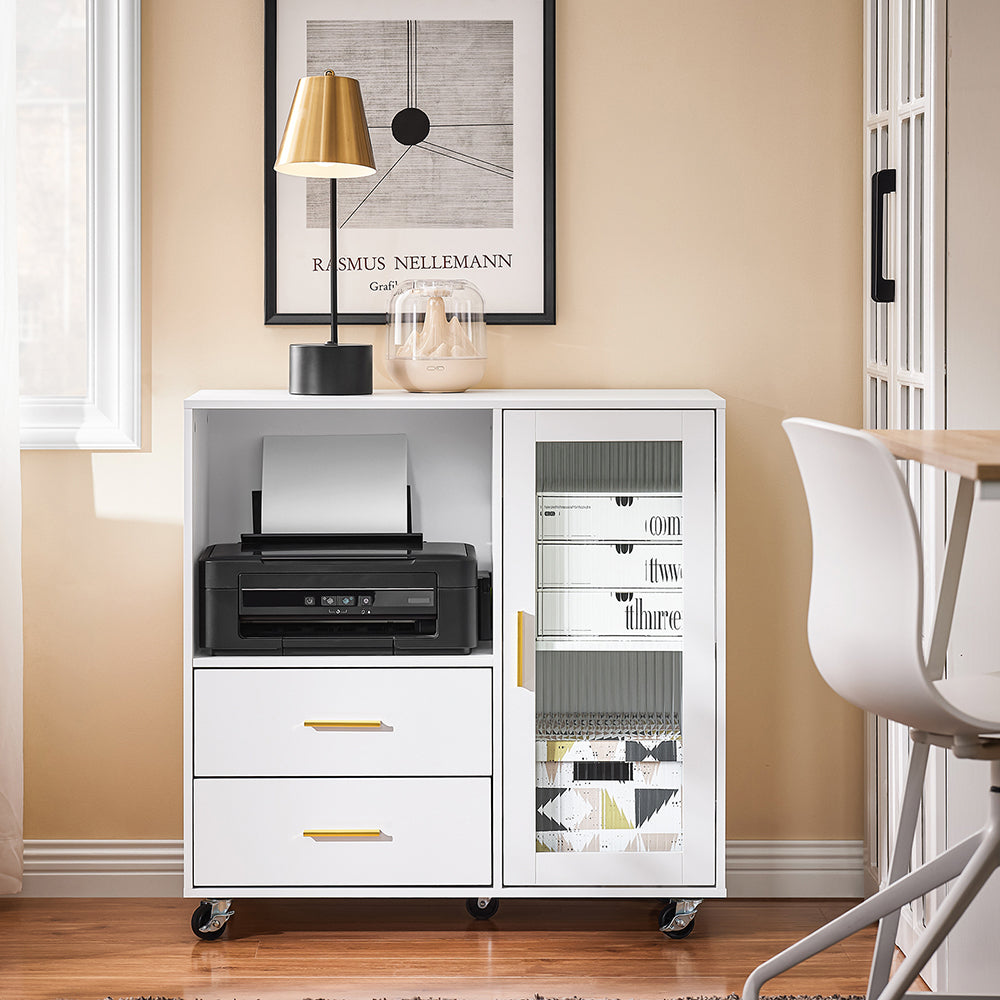 SoBuy ASK09-W meuble de bureau à roulettes avec porte-rouleau pour imprimante - blanc avec accents dorés - 75 x 40 x 76 cm