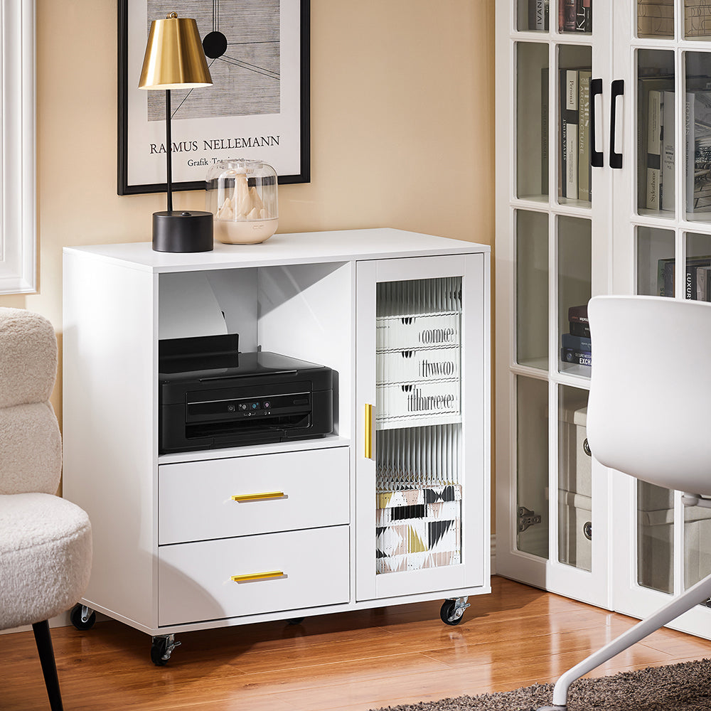 SoBuy ASK09-W meuble de bureau à roulettes avec porte-rouleau pour imprimante - blanc avec accents dorés - 75 x 40 x 76 cm