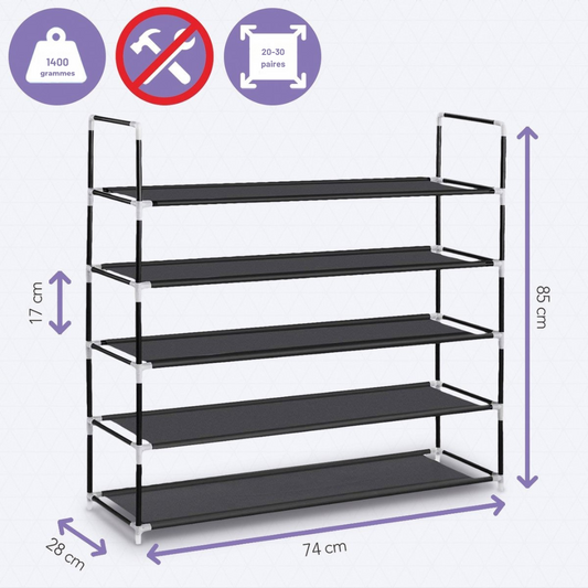 LifeGoods Shoe Rack - 5 couches - Système de rangement pour 30 paires de chaussures - Plastique - Noir