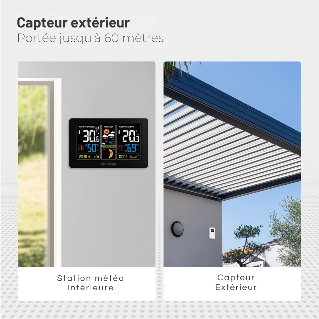 Station météo - Auronic - Sans fil - Intérieur et extérieur - avec capteur - Portée 60M - Noir