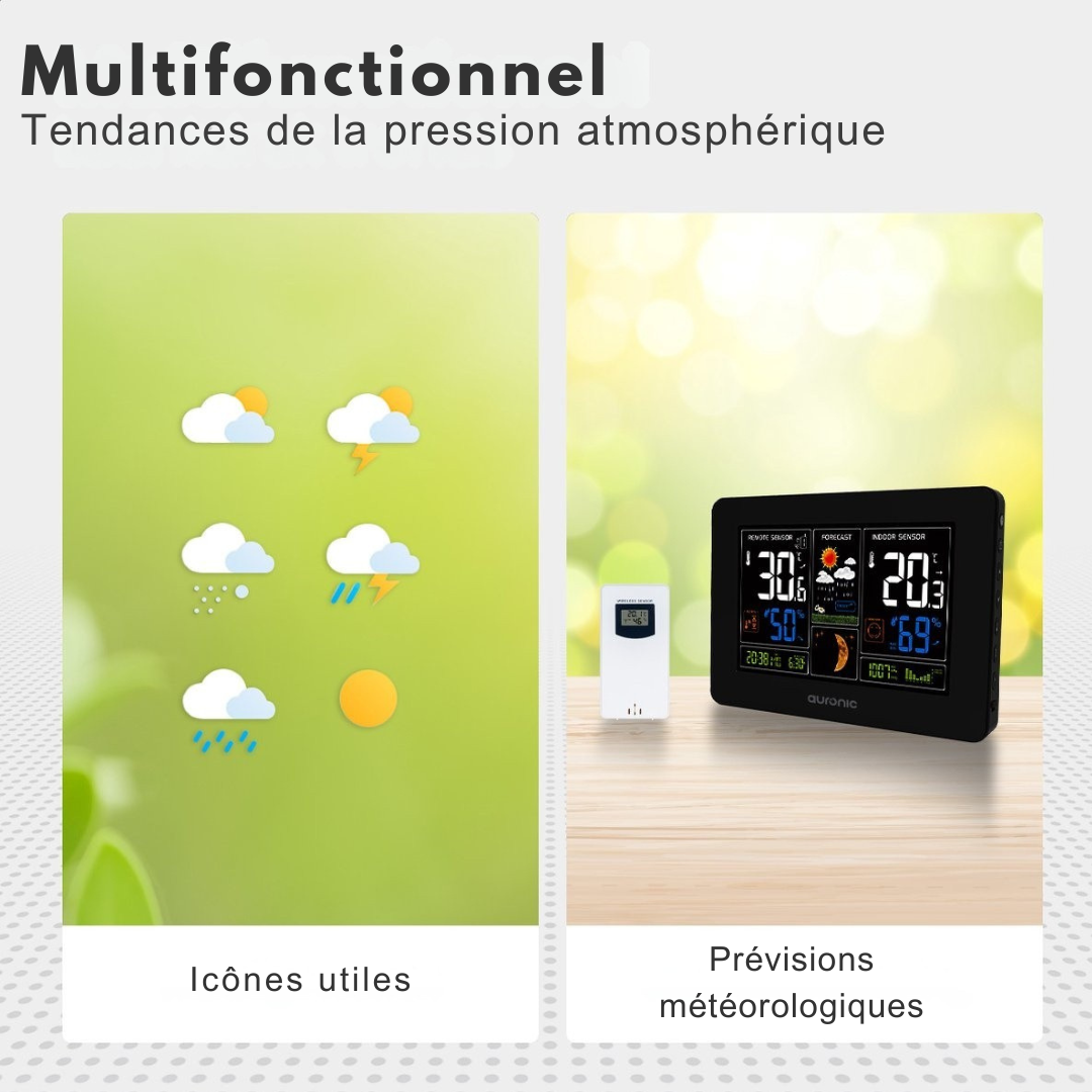 Station météo - Auronic - Sans fil - Intérieur et extérieur - avec capteur - Portée 60M - Noir