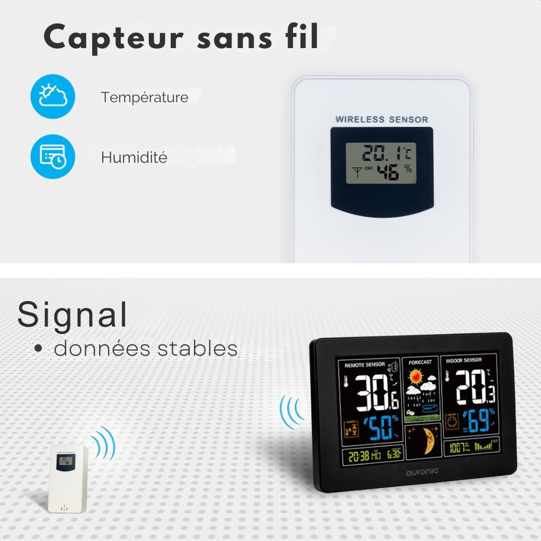 Station météo - Auronic - Sans fil - Intérieur et extérieur - avec capteur - Portée 60M - Noir