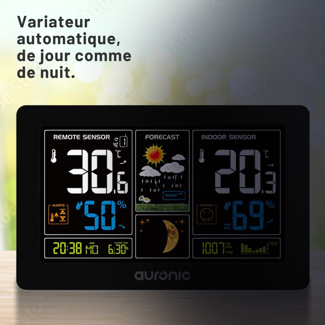 Station météo - Auronic - Sans fil - Intérieur et extérieur - avec capteur - Portée 60M - Noir