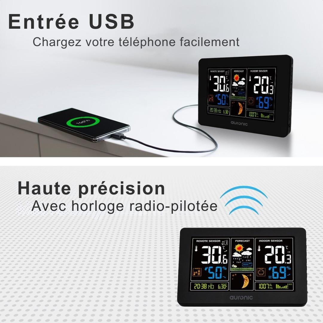 Station météo - Auronic - Sans fil - Intérieur et extérieur - avec capteur - Portée 60M - Noir