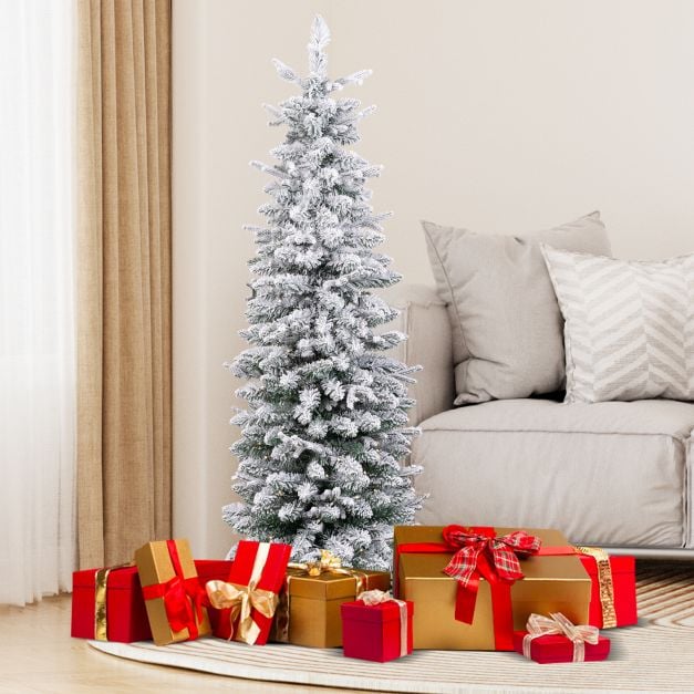 Costway Arbre de Noël artificiel - 140 LED et socle en ciment inclus - 180 x 50 x 180 cm - Vert/Blanc