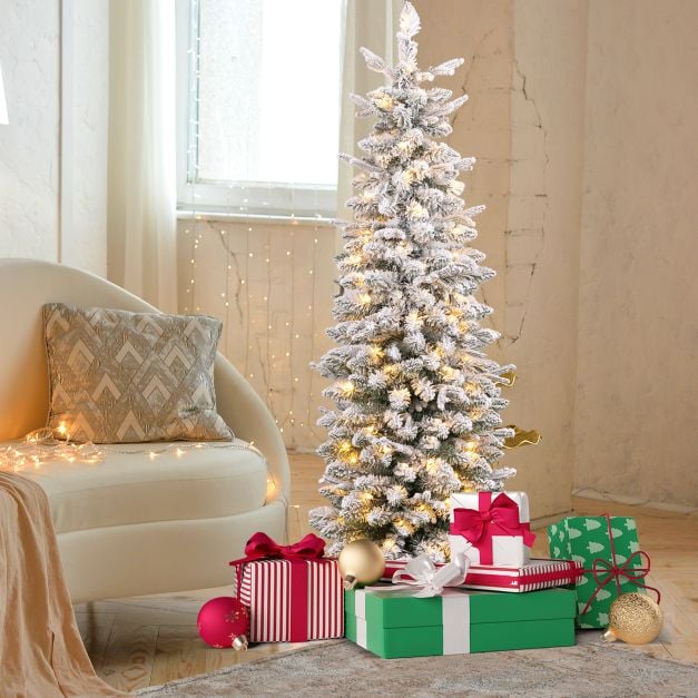 Costway Arbre de Noël artificiel - 140 LED et socle en ciment inclus - 180 x 50 x 180 cm - Vert/Blanc