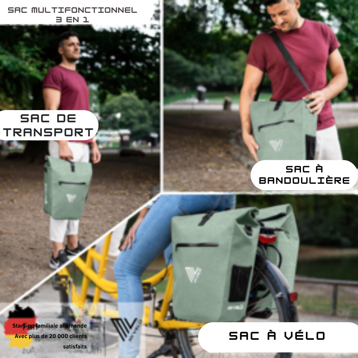 Pannier 3 en 1 MIVELO - Étanche - 25L - Avec compartiment pour ordinateur portable et bandoulière - Vert Menthe