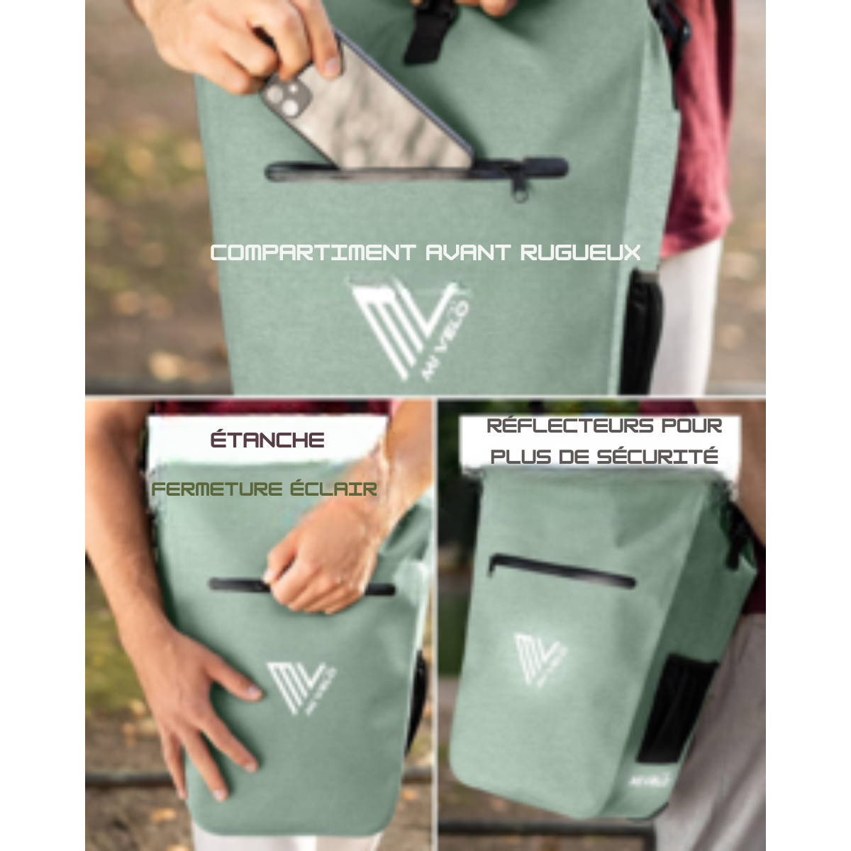 Pannier 3 en 1 MIVELO - Étanche - 25L - Avec compartiment pour ordinateur portable et bandoulière - Vert Menthe