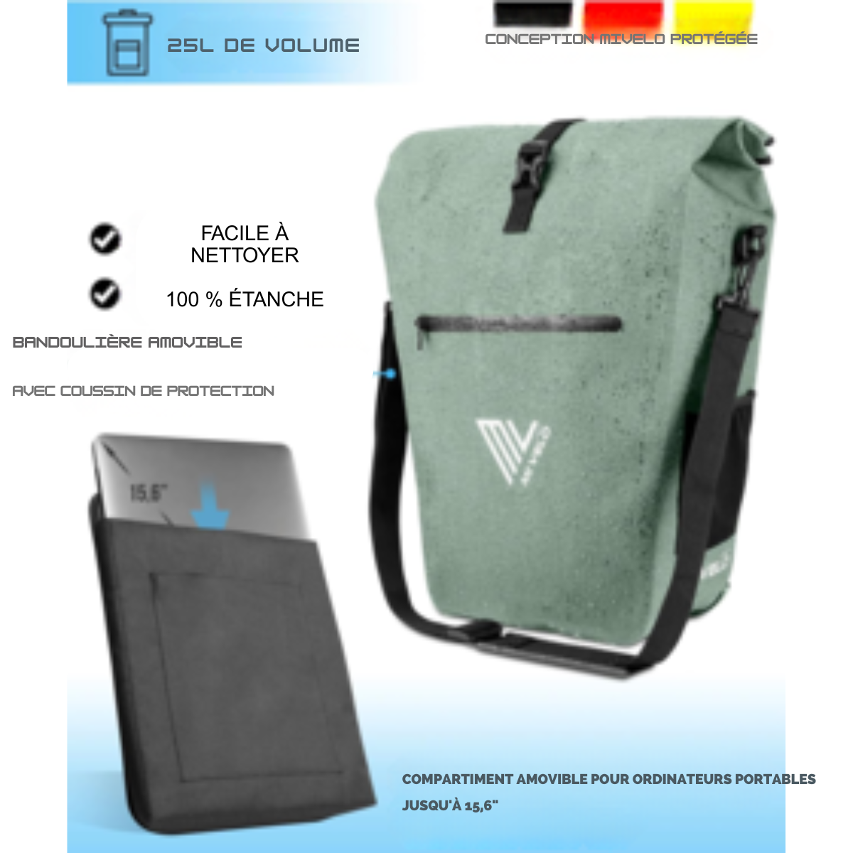 Pannier 3 en 1 MIVELO - Étanche - 25L - Avec compartiment pour ordinateur portable et bandoulière - Vert Menthe