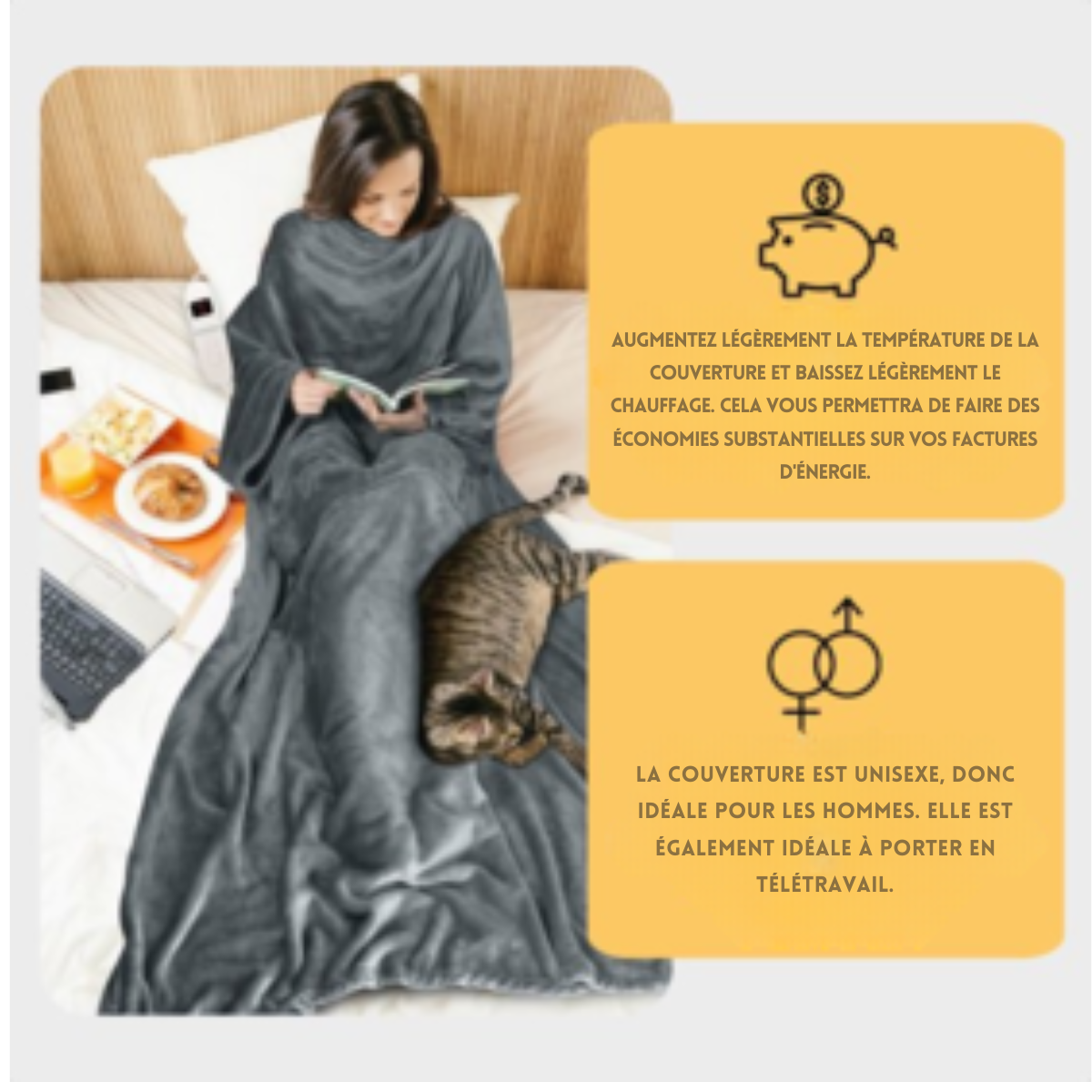 Couverture chauffante - Goliving - avec manches - Couverture douillette grande - Lavable - 9 réglages + minuterie - 195x125cm - Gris