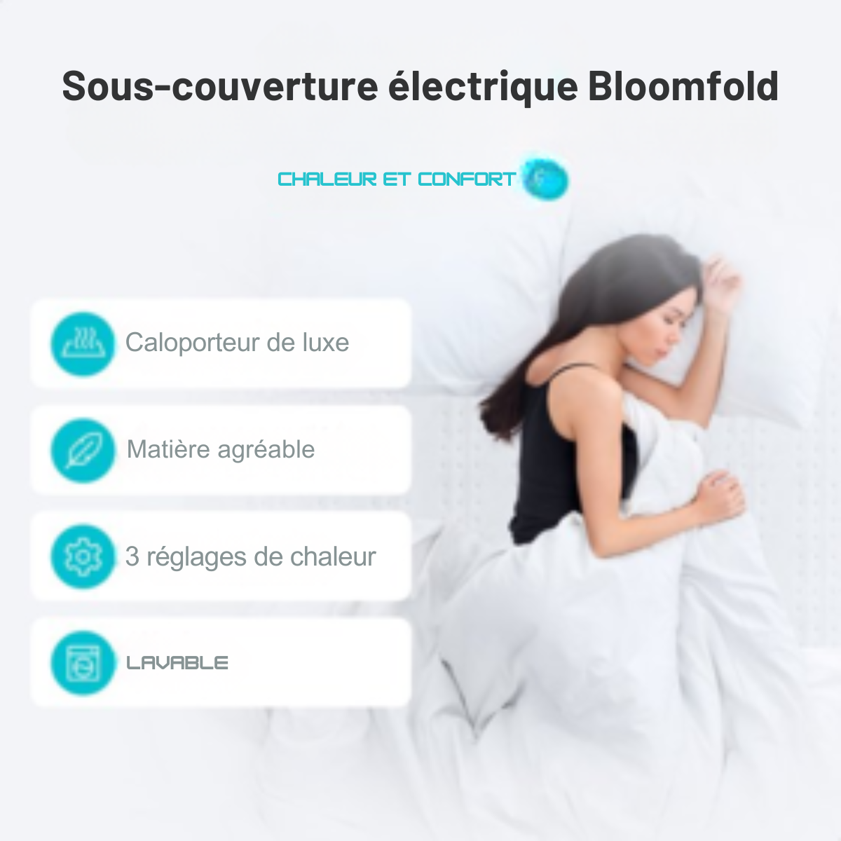 Couverture électrique Bloomfold - 160 x 140 cm - Lavable en machine - 2 personnes - 3 niveaux - Couverture chauffante - Blanc/polyester