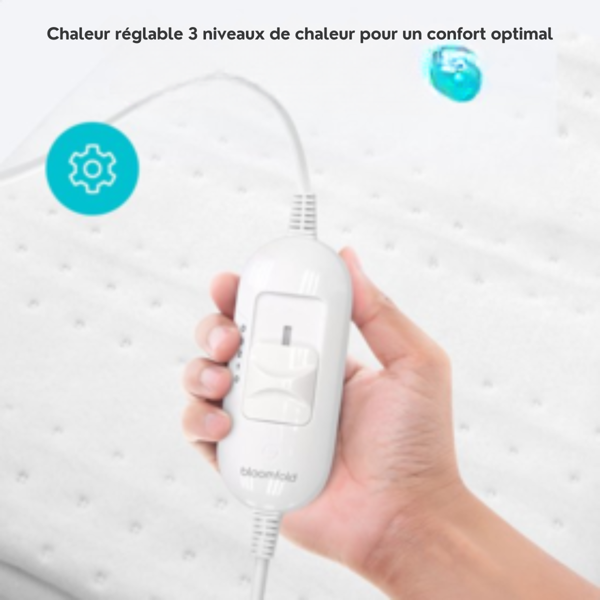 Couverture électrique Bloomfold - 160 x 140 cm - Lavable en machine - 2 personnes - 3 niveaux - Couverture chauffante - Blanc/polyester