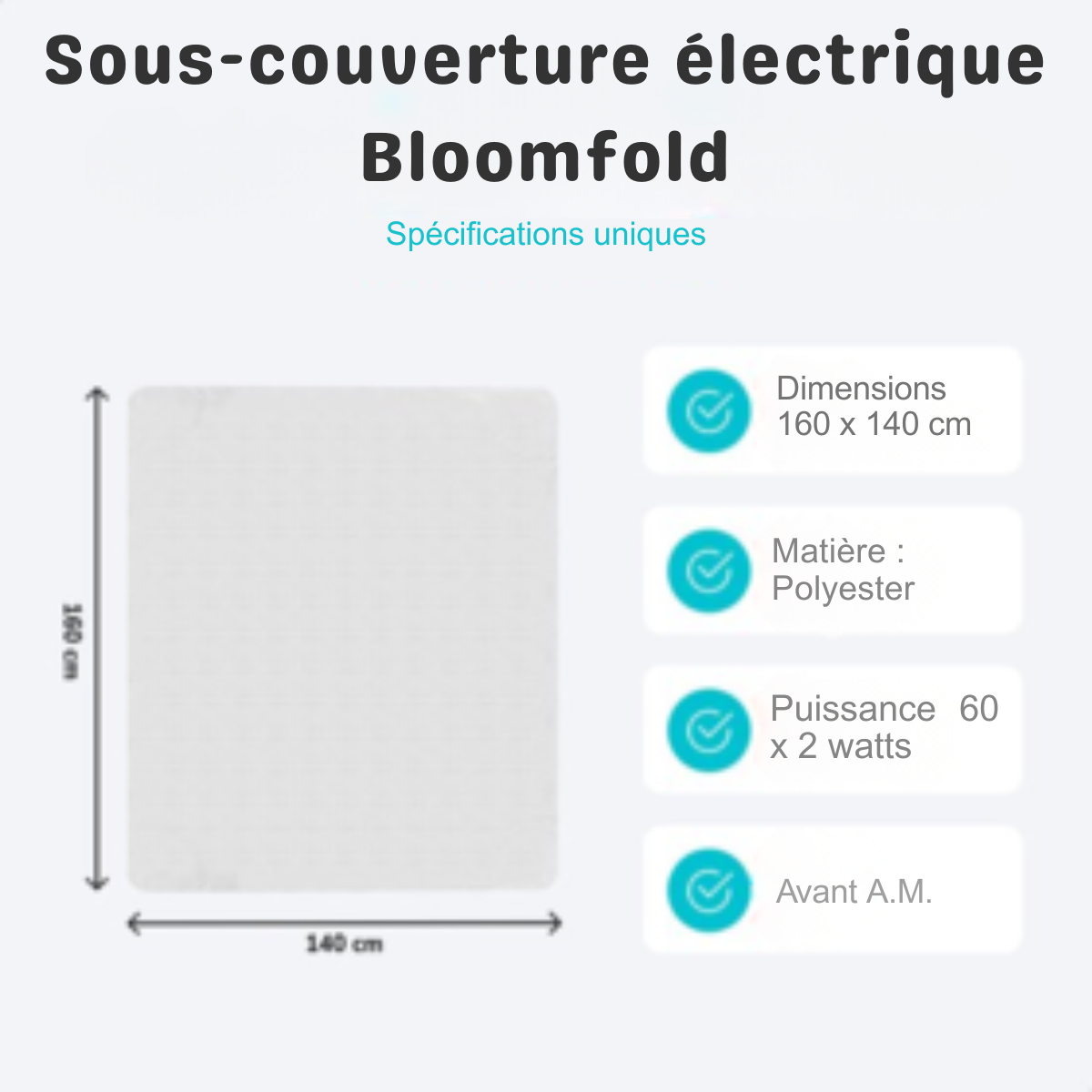 Couverture électrique Bloomfold - 160 x 140 cm - Lavable en machine - 2 personnes - 3 niveaux - Couverture chauffante - Blanc/polyester