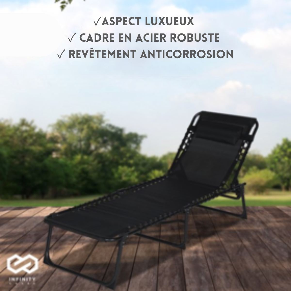 Chaise longue Infinity Goods - Pliable et réglable - Max 120kg - 190 x 55 x 30 cm - Anthracite