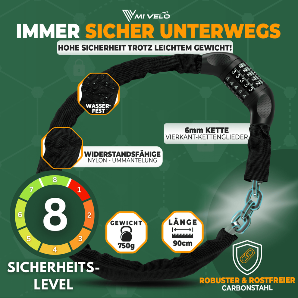 MIVELO Chaîne de vélo avec cadenas - 90 cm - Acier - Noir - Sûre et universelle