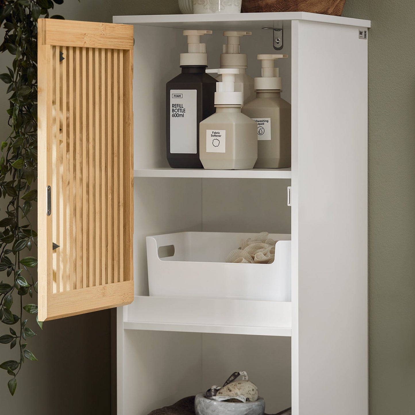 Meuble colonne de salle de bain SoBuy- BZR127-W - 33 x 33 x 165 cm - Bois laqué blanc et bambou- Blanc