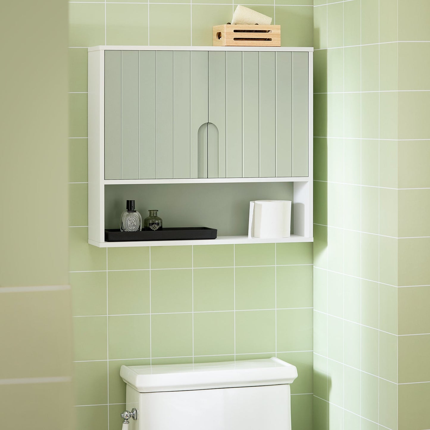 SoBuy Meuble de salle de bain BZR140-GR - 2 portes et étagère ouverte - 60 x 15 x 54 cm - Blanc/Vert