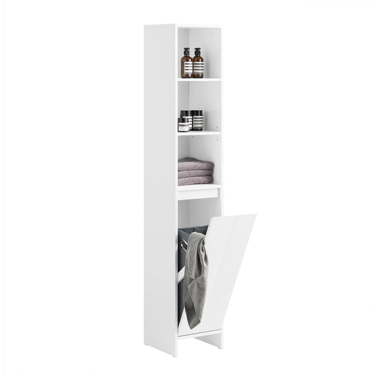 SoBuy Armoire de toilette haute BZR158-W - blanc - 30x170x30 cm - avec sac à linge et espace de rangement