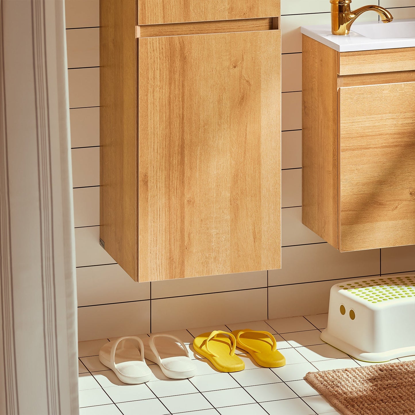 SoBuy BZR175-N Grand meuble de salle de bains étroit, meuble de rangement suspendu, naturel, 35 x 120 x 30 cm