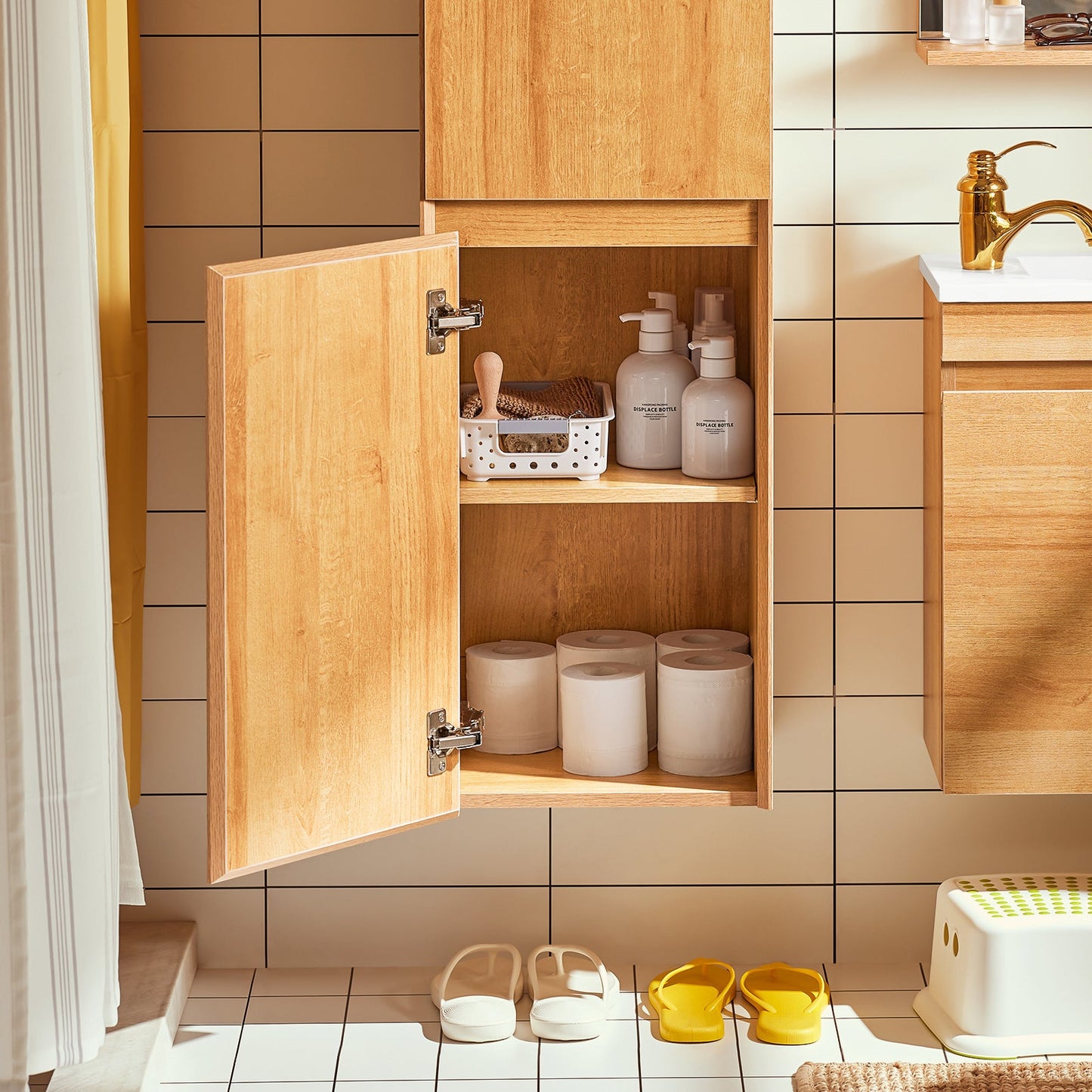 SoBuy BZR175-N Grand meuble de salle de bains étroit, meuble de rangement suspendu, naturel, 35 x 120 x 30 cm
