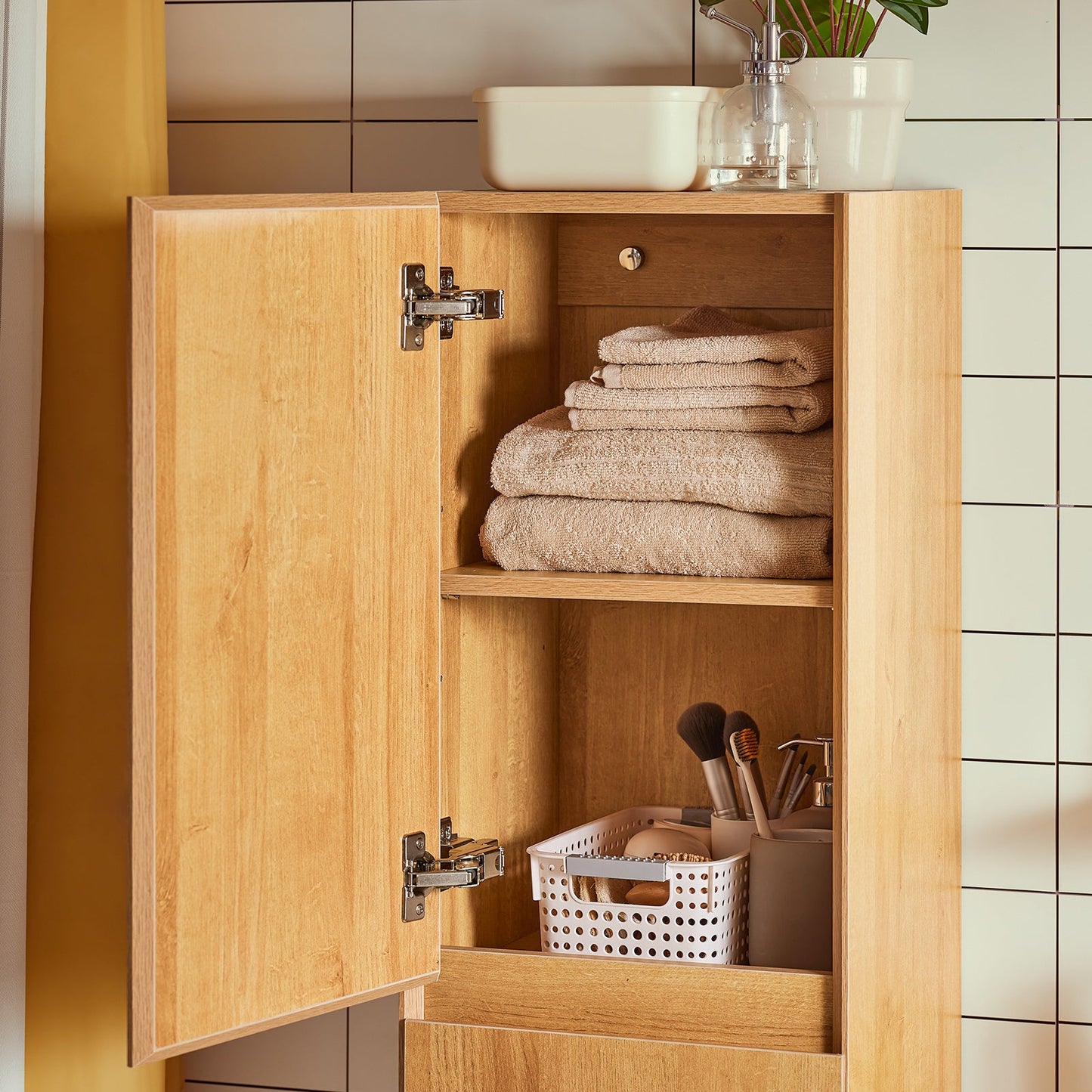 SoBuy BZR175-N Grand meuble de salle de bains étroit, meuble de rangement suspendu, naturel, 35 x 120 x 30 cm