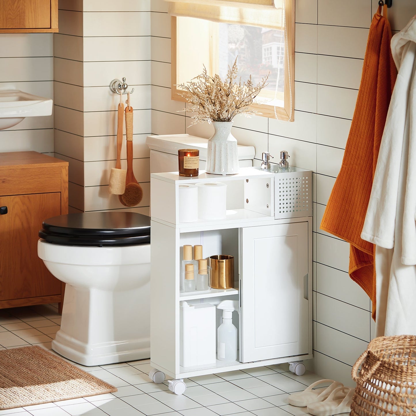 SoBuy Meuble de salle de bain à roulettes - étroit - 69 x 52 x 17 cm - blanc