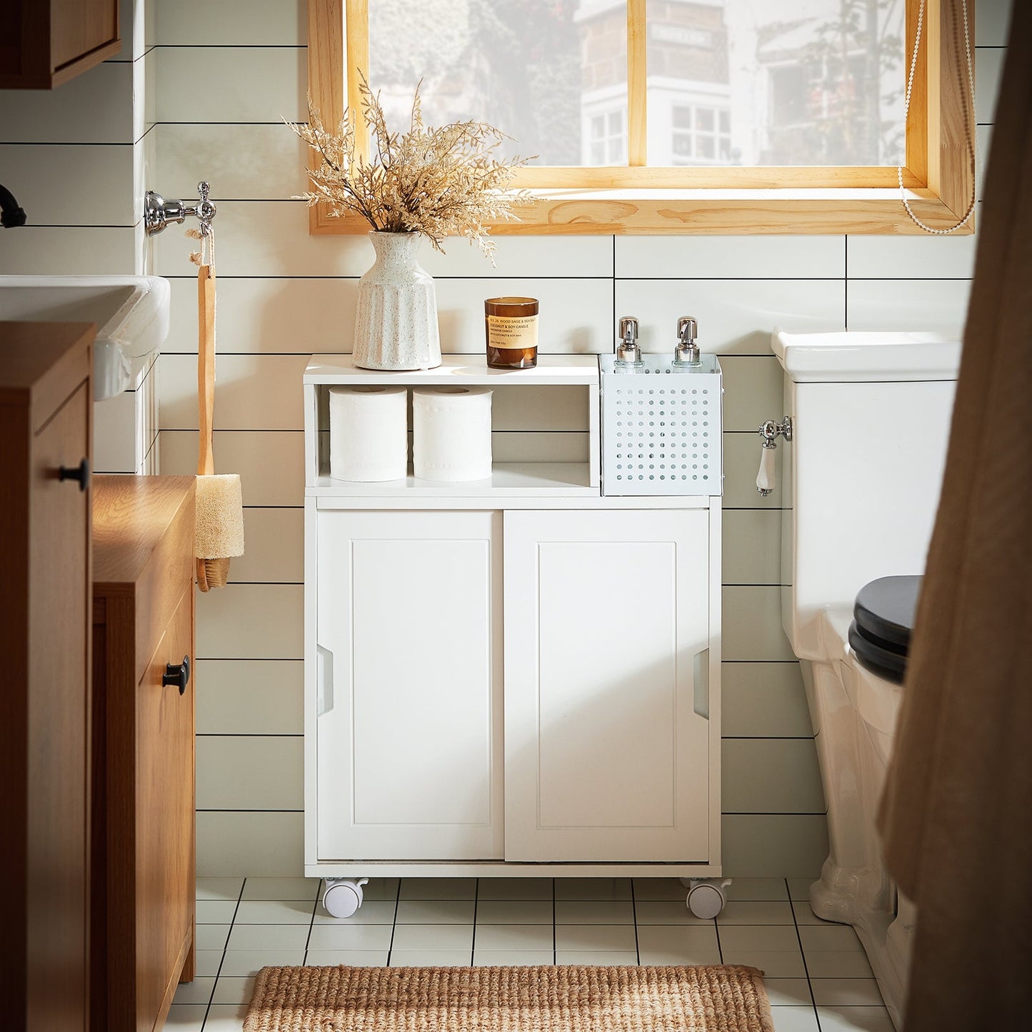 SoBuy Meuble de salle de bain à roulettes - étroit - 69 x 52 x 17 cm - blanc