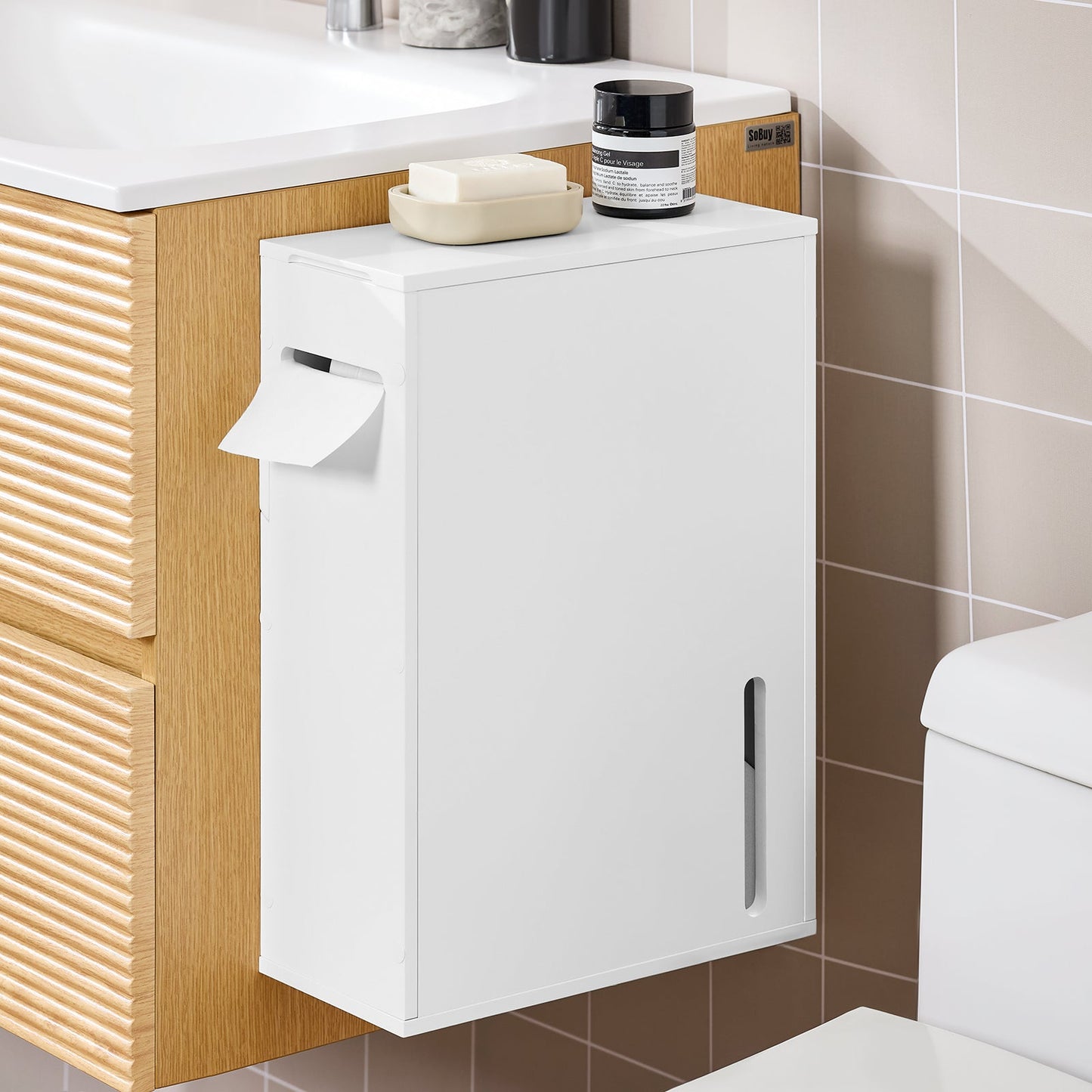 sobuy Porte-papier de toilette Meuble de rangement - Blanc - 14 × 30 × 42 cm - Fixation murale