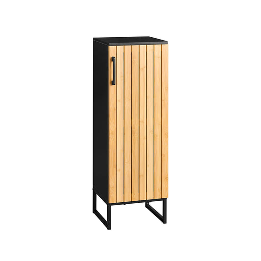 sobuy Meuble de salle de bain étroit - 30x30x90 cm - bambou & noir - meuble de salle de bain compact avec porte et étagères réglables