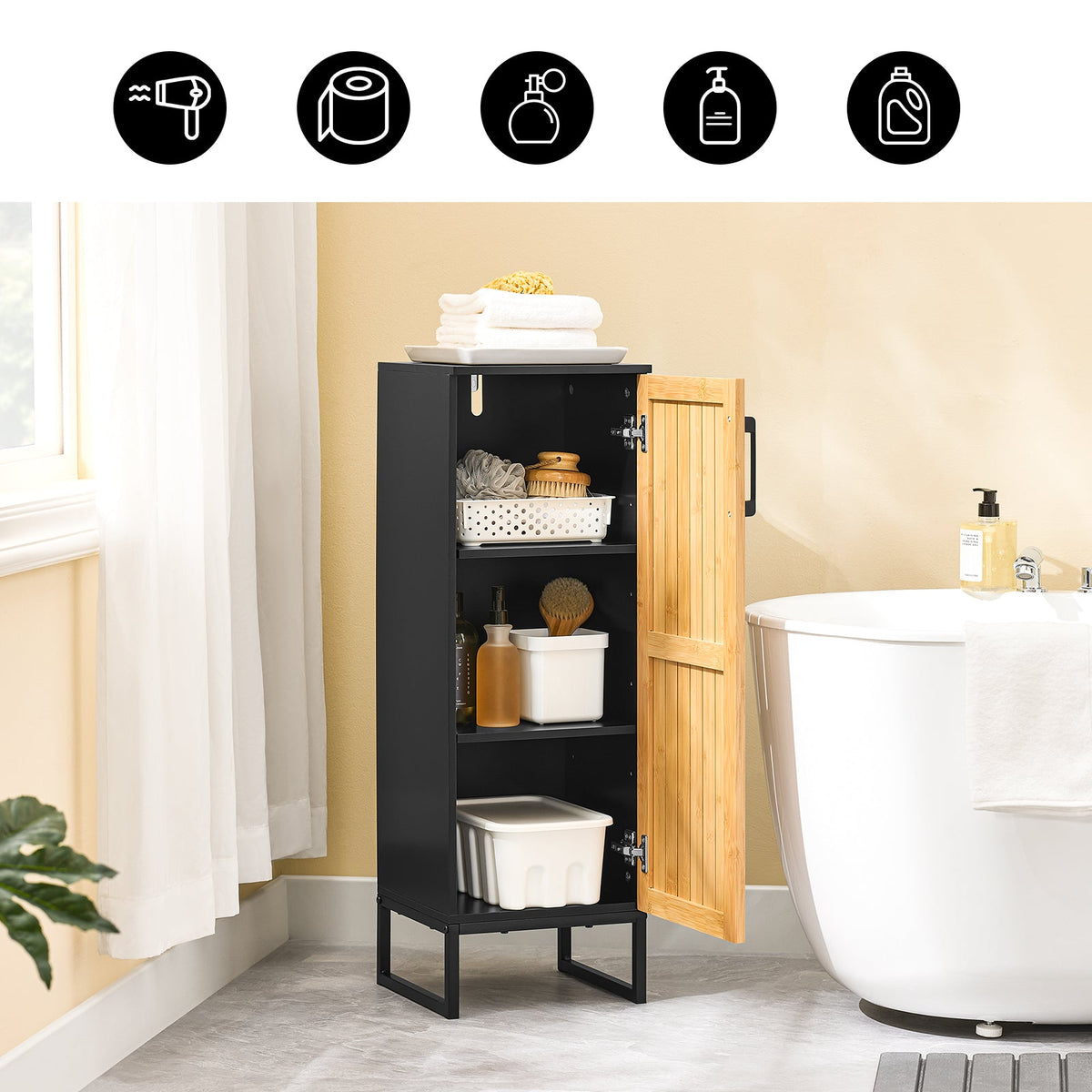 sobuy Meuble de salle de bain étroit - 30x30x90 cm - bambou & noir - meuble de salle de bain compact avec porte et étagères réglables