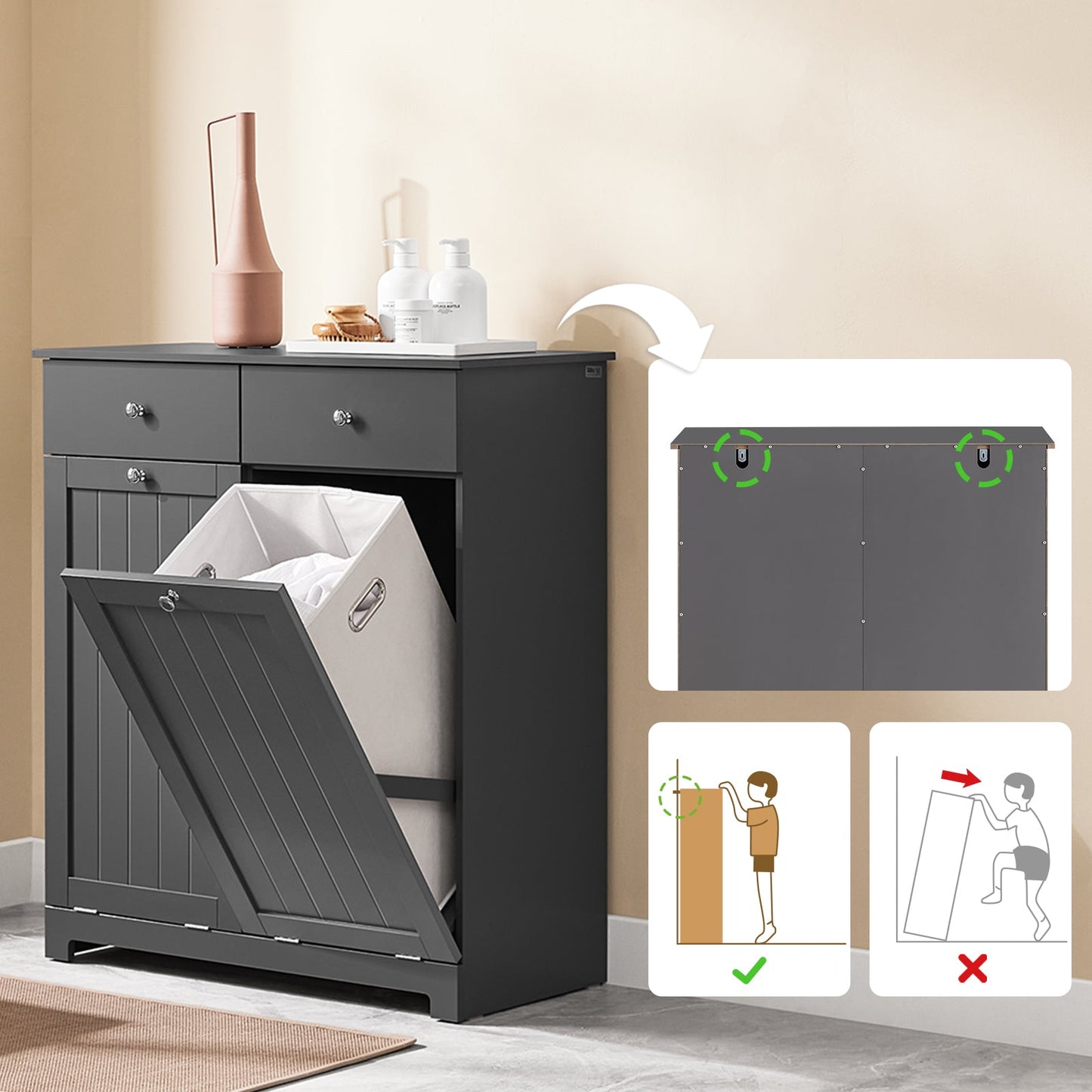 SoBuy Meuble de salle de bain avec paniers à linge - bois - gris - 78x38x90 cm