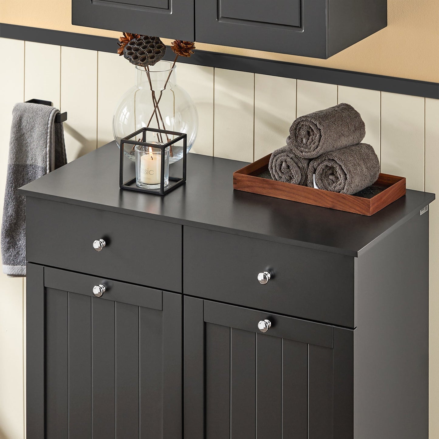 SoBuy Armoire de toilette BZR33-SCH - 2 tiroirs et 2 paniers à linge basculants - 78 x 91 x 38 cm - Noir