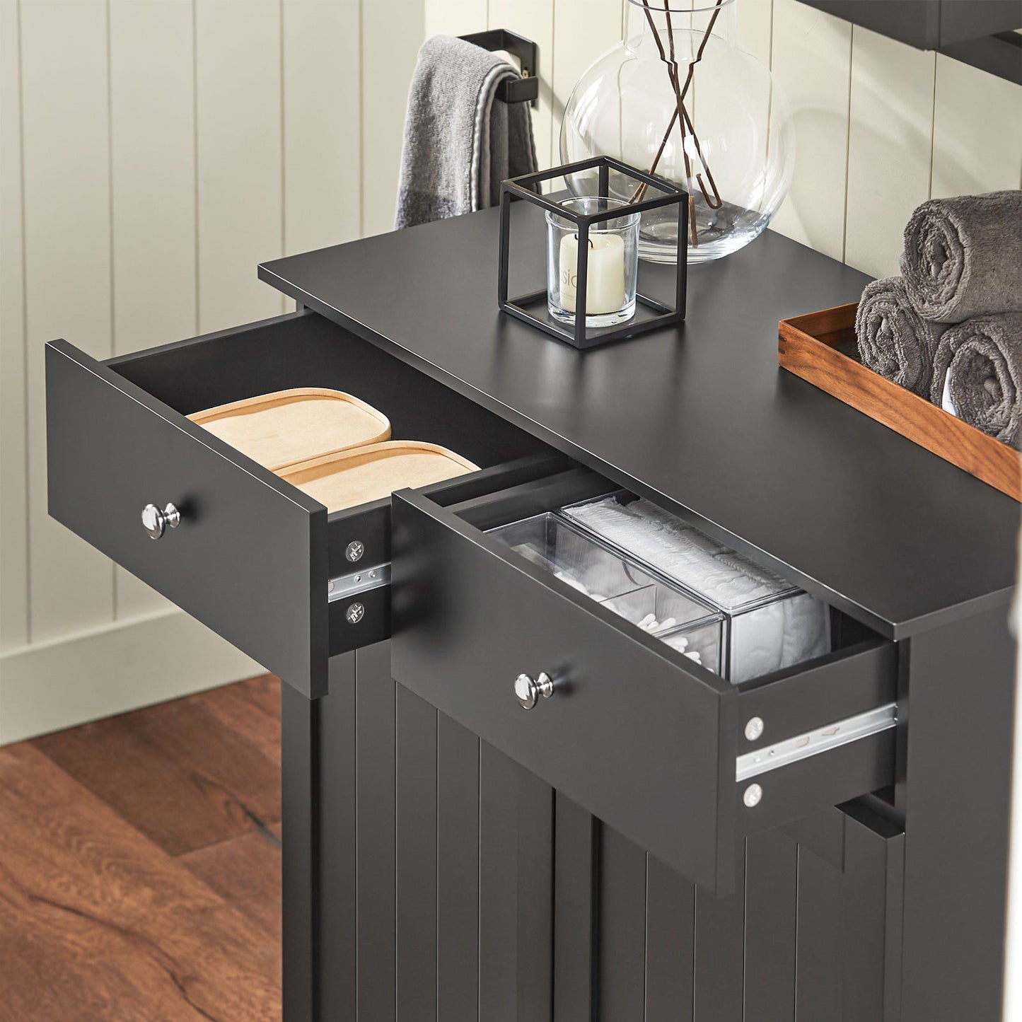 SoBuy Armoire de toilette BZR33-SCH - 2 tiroirs et 2 paniers à linge basculants - 78 x 91 x 38 cm - Noir
